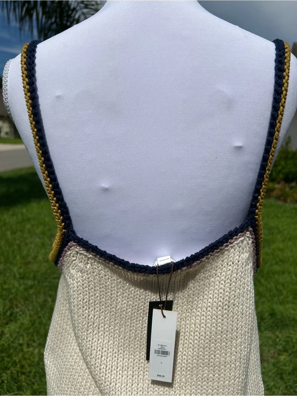 NWT🌷Banana Republic Cream Knit V-Neck Cami with Navy, Lavender & Mustard Trim